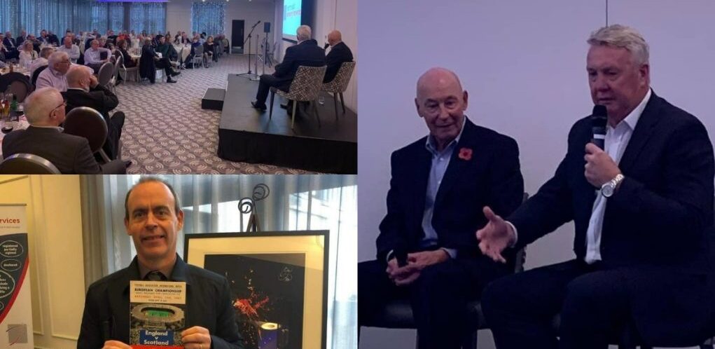 Collage of three images. Top left image depicts a large with people sitting around round tables, looking towards a stage where two men are in conversation. Image to the right depicts two men in suits, both are holding microphones and one is talking. Bottom left image depicts our director Graham Findlay holding a vintage pamphlet of a England-Scotland game, which he won in auction.