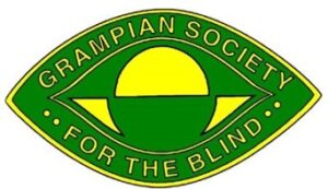 Grampian Society for the Blind logo - a green eye shape with yellow features and text 