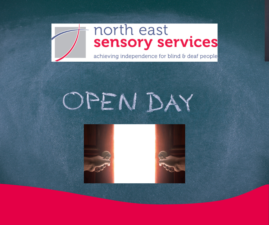NESS Logo against blue background with words open day and an opening door with a bright light