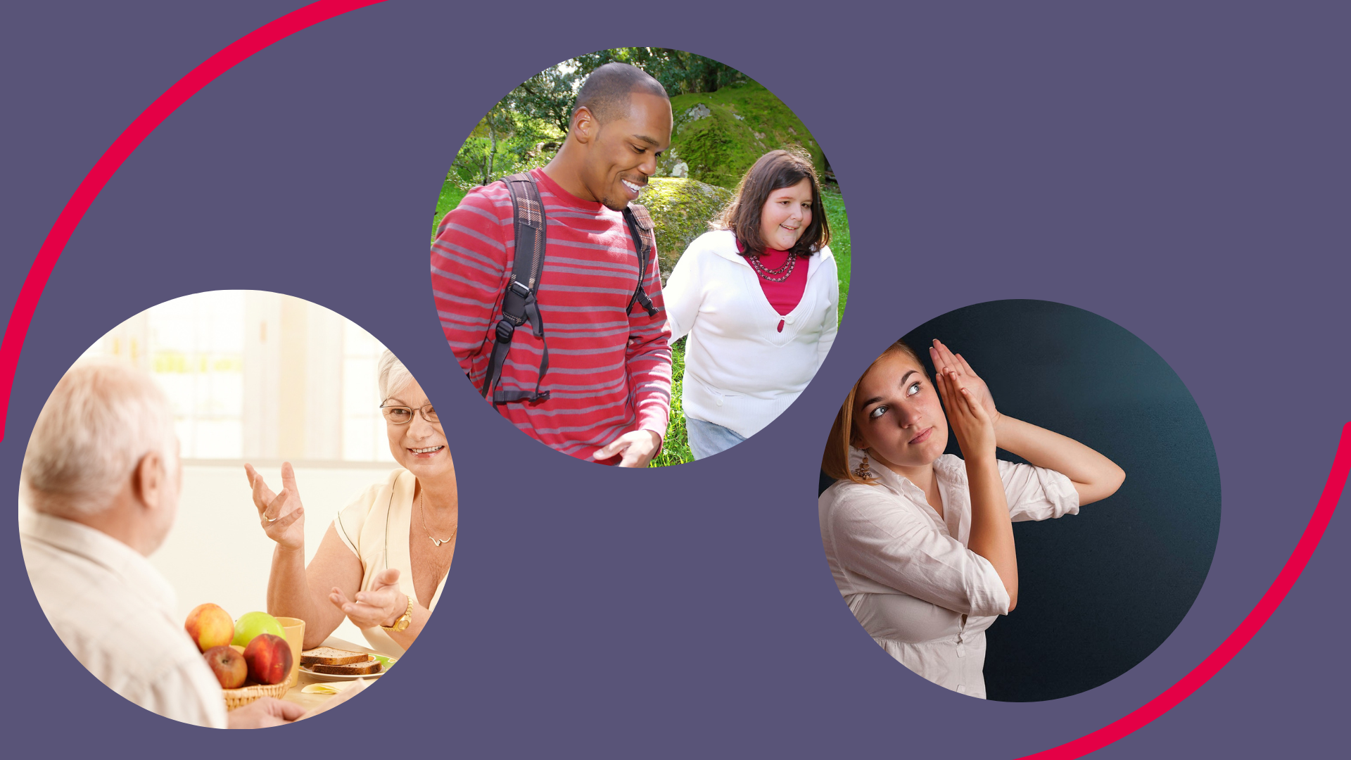 Three circular images showing an older couple chatting, a young man guiding a young woman in a park, and a young woman holding her hands up to her left ear are displayed against a blue background.