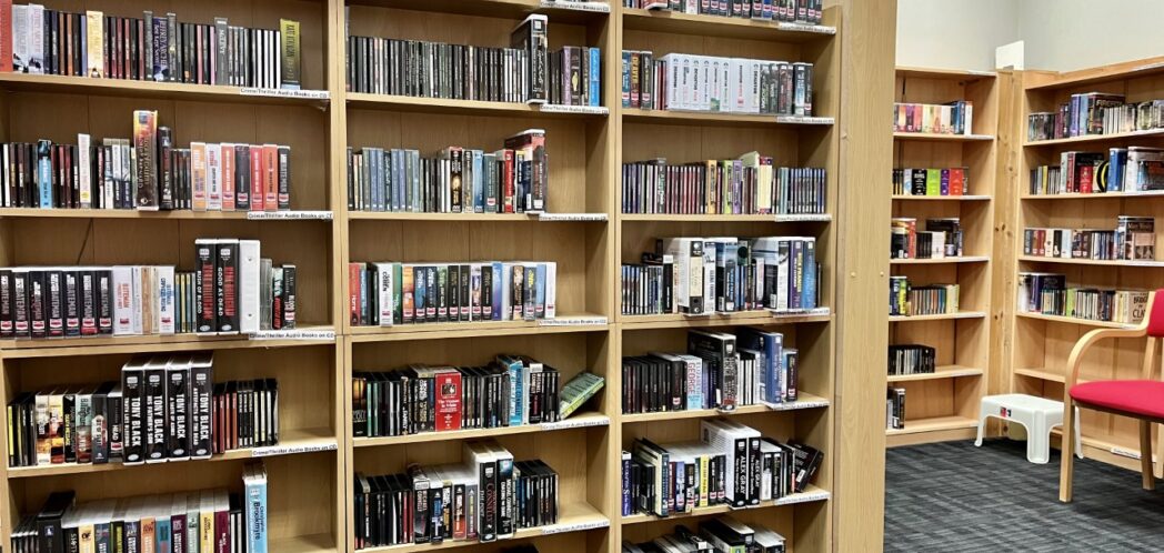Bookshelves full of audio books