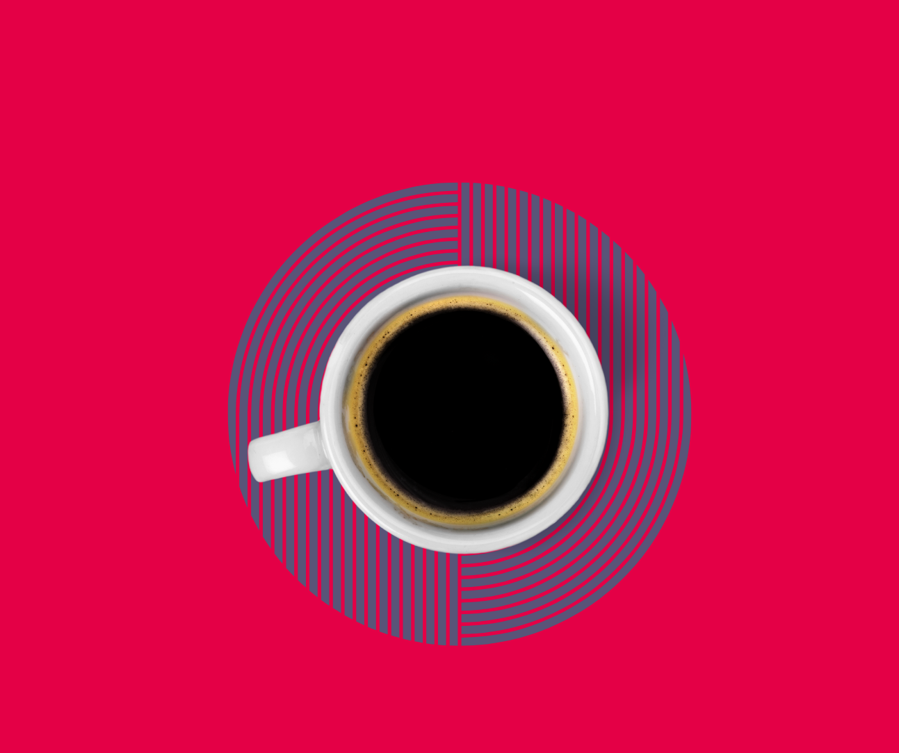 Birds eye view of coffee against blue patterned coaster with a red background