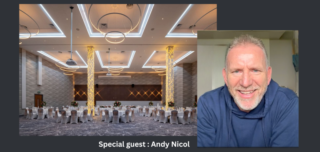 image of a beautifully laid out dining room at a hotel, and photo of Andy Nicol