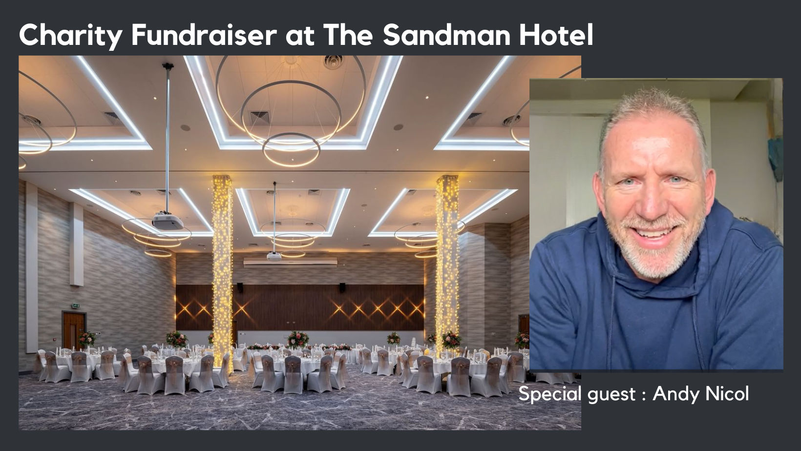 image of a beautifully laid out dining room at a hotel, and photo of Andy Nicol