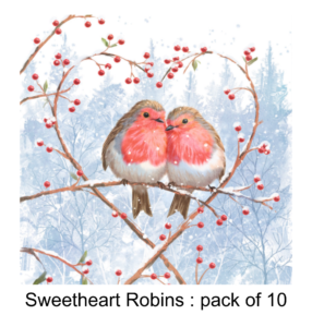 two robins inside heart-shaped foilage