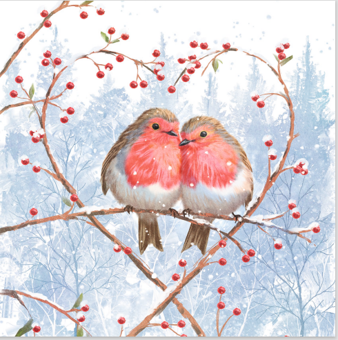 two robins sitting inside heart-shaped foilage