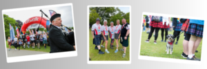 3 images - Kiltwalkers walking at the start line with a man playing the bag pipes nearby; 2nd image of 5 kiltwalkers standing together for their photo 3rd photo of a wee white dog wearing a tartan bandanna