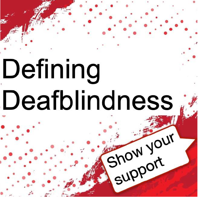 Abstract red and white design with red top left and bottom right corners and speckled white middle with Defining Deafblindness Show your suppor