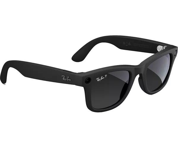 Close up of Rayban Meta Wayfarer glasses, which look like dark Rayban sunglasses
