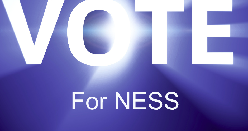 Vote for NESS in white letters against a dark blue background