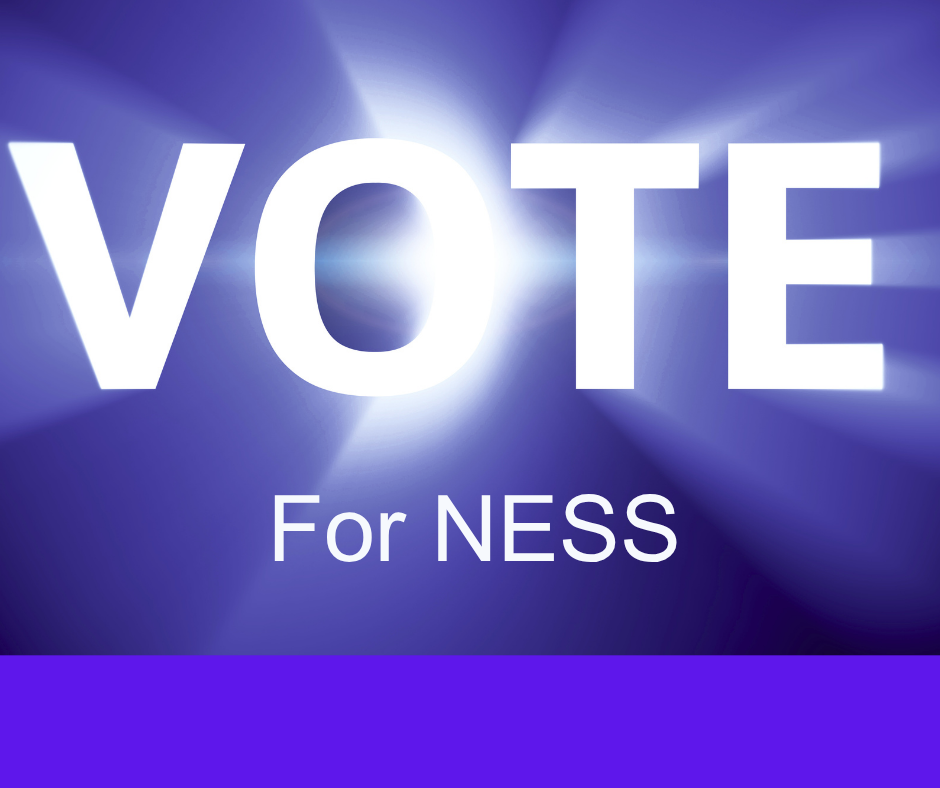 Vote for NESS in white letters against a dark blue background