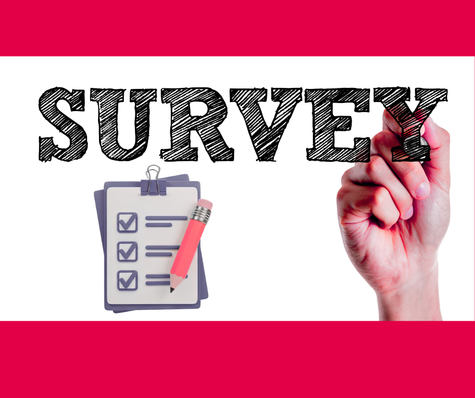 A hand to the right is writing the word survey in big bold black letters. Below it is a clipboard with a pencil.